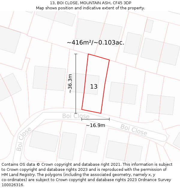 13, BOI CLOSE, MOUNTAIN ASH, CF45 3DP: Plot and title map