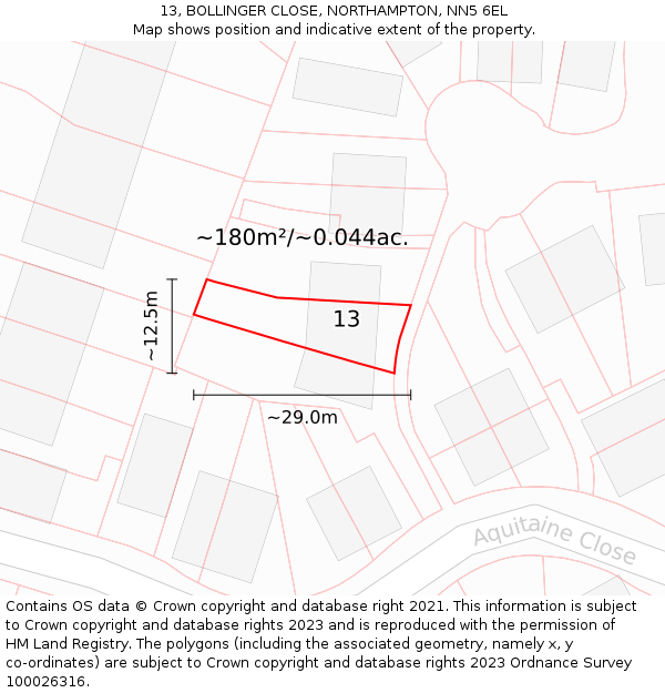 13, BOLLINGER CLOSE, NORTHAMPTON, NN5 6EL: Plot and title map