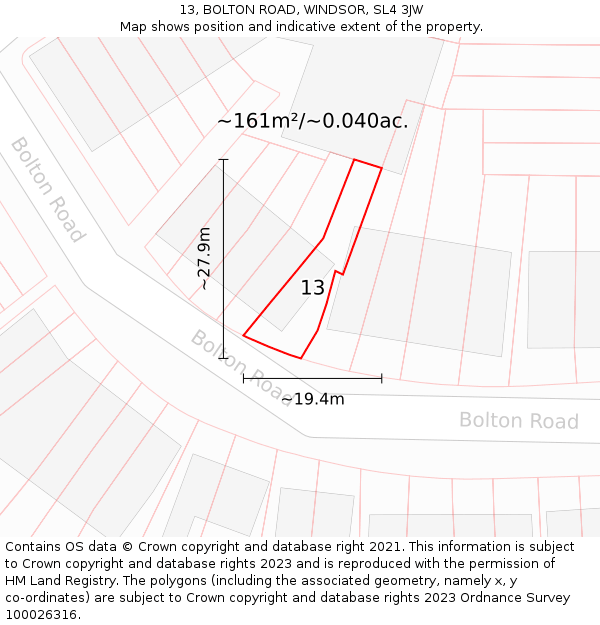 13, BOLTON ROAD, WINDSOR, SL4 3JW: Plot and title map