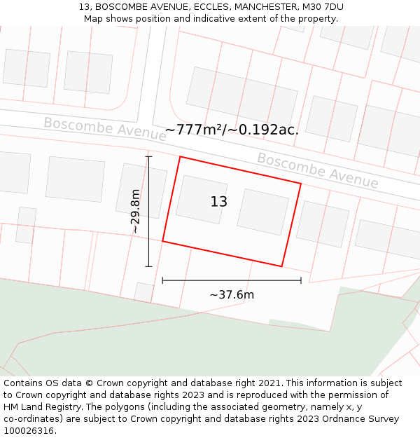 13, BOSCOMBE AVENUE, ECCLES, MANCHESTER, M30 7DU: Plot and title map