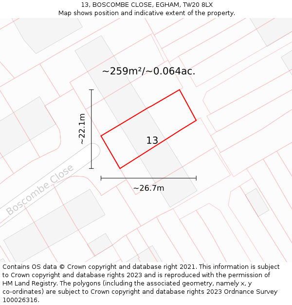 13, BOSCOMBE CLOSE, EGHAM, TW20 8LX: Plot and title map