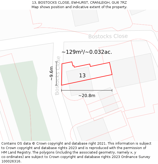 13, BOSTOCKS CLOSE, EWHURST, CRANLEIGH, GU6 7RZ: Plot and title map