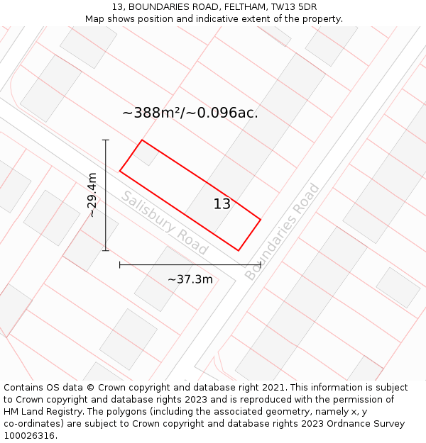 13, BOUNDARIES ROAD, FELTHAM, TW13 5DR: Plot and title map