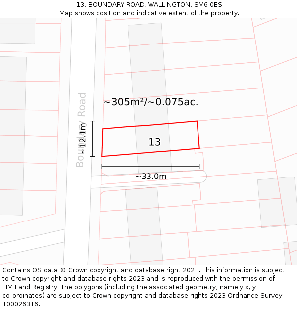 13, BOUNDARY ROAD, WALLINGTON, SM6 0ES: Plot and title map