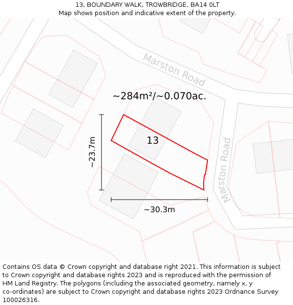 13, BOUNDARY WALK, TROWBRIDGE, BA14 0LT: Plot and title map
