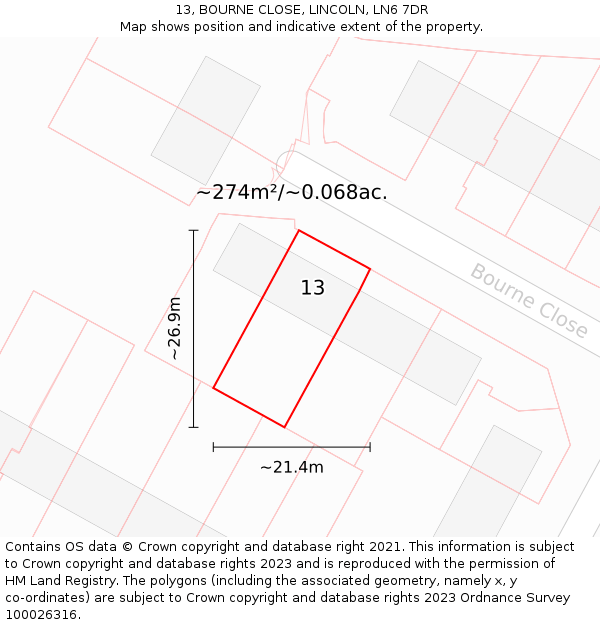 13, BOURNE CLOSE, LINCOLN, LN6 7DR: Plot and title map