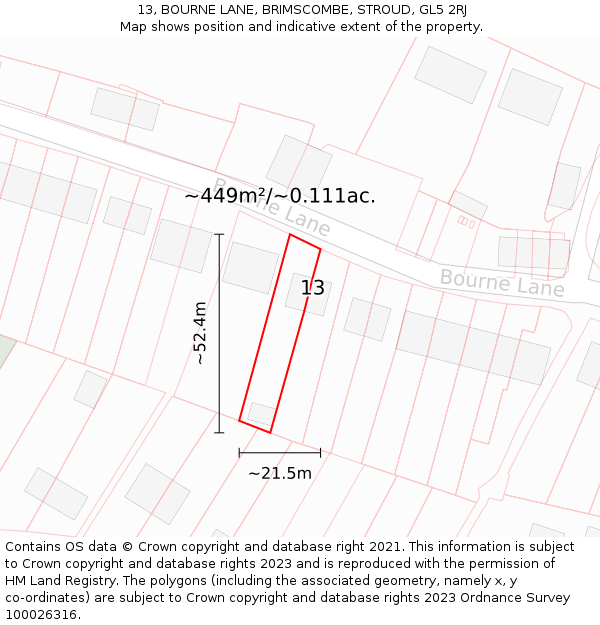 13, BOURNE LANE, BRIMSCOMBE, STROUD, GL5 2RJ: Plot and title map