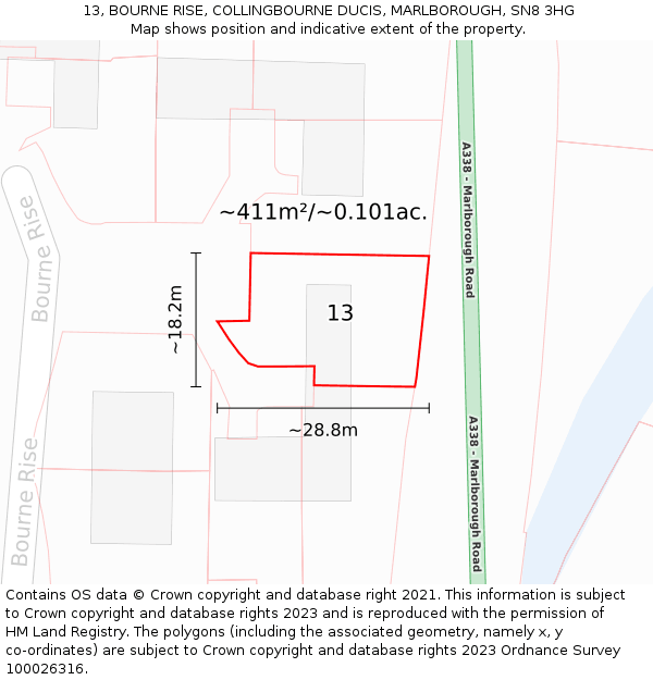 13, BOURNE RISE, COLLINGBOURNE DUCIS, MARLBOROUGH, SN8 3HG: Plot and title map