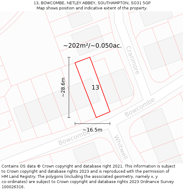 13, BOWCOMBE, NETLEY ABBEY, SOUTHAMPTON, SO31 5GP: Plot and title map