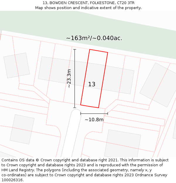 13, BOWDEN CRESCENT, FOLKESTONE, CT20 3TR: Plot and title map