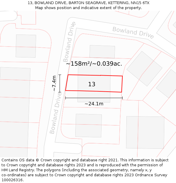 13, BOWLAND DRIVE, BARTON SEAGRAVE, KETTERING, NN15 6TX: Plot and title map