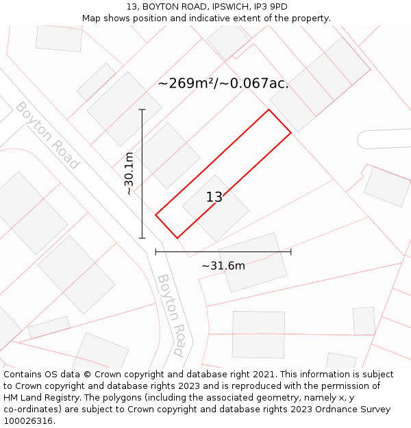13, BOYTON ROAD, IPSWICH, IP3 9PD: Plot and title map