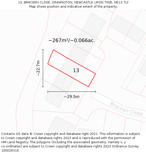 13, BRACKEN CLOSE, DINNINGTON, NEWCASTLE UPON TYNE, NE13 7LY: Plot and title map