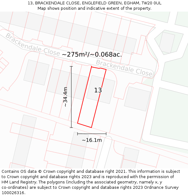 13, BRACKENDALE CLOSE, ENGLEFIELD GREEN, EGHAM, TW20 0UL: Plot and title map