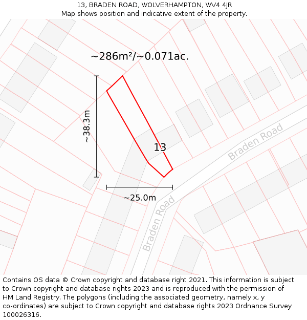 13, BRADEN ROAD, WOLVERHAMPTON, WV4 4JR: Plot and title map