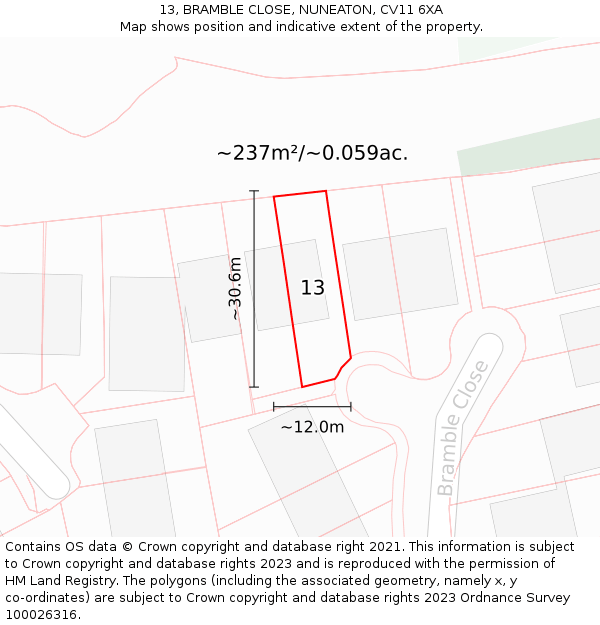 13, BRAMBLE CLOSE, NUNEATON, CV11 6XA: Plot and title map