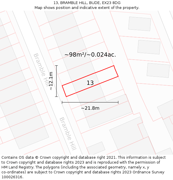 13, BRAMBLE HILL, BUDE, EX23 8DG: Plot and title map