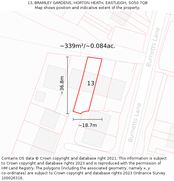 13, BRAMLEY GARDENS, HORTON HEATH, EASTLEIGH, SO50 7QB: Plot and title map