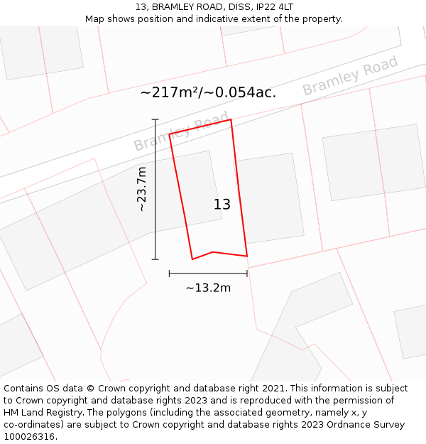13, BRAMLEY ROAD, DISS, IP22 4LT: Plot and title map