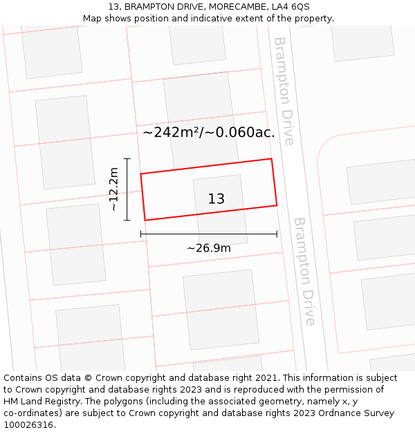 13, BRAMPTON DRIVE, MORECAMBE, LA4 6QS: Plot and title map