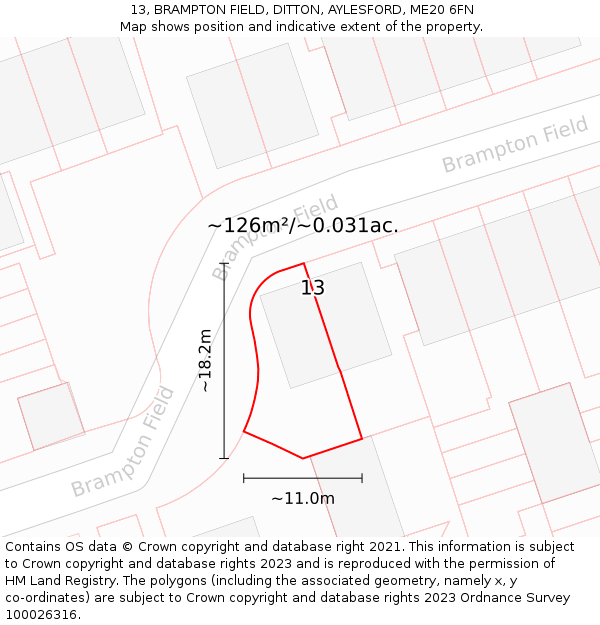 13, BRAMPTON FIELD, DITTON, AYLESFORD, ME20 6FN: Plot and title map