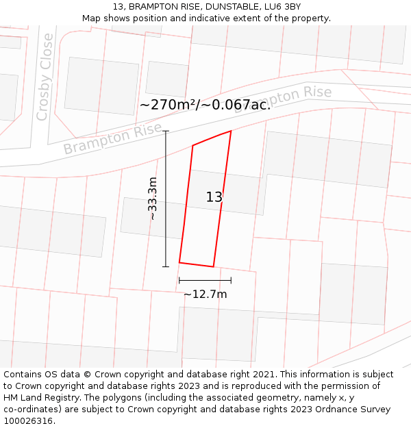 13, BRAMPTON RISE, DUNSTABLE, LU6 3BY: Plot and title map