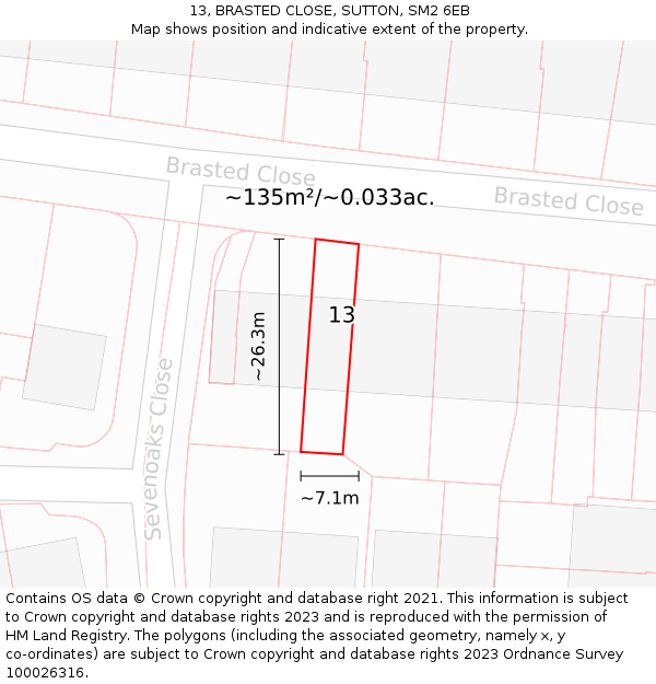 13, BRASTED CLOSE, SUTTON, SM2 6EB: Plot and title map