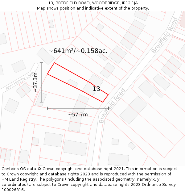 13, BREDFIELD ROAD, WOODBRIDGE, IP12 1JA: Plot and title map