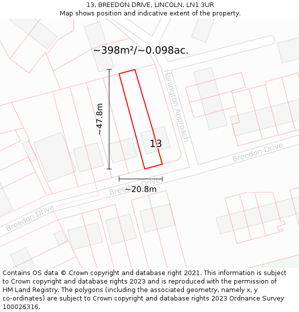 13, BREEDON DRIVE, LINCOLN, LN1 3UR: Plot and title map