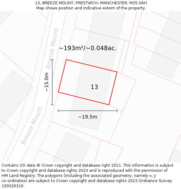 13, BREEZE MOUNT, PRESTWICH, MANCHESTER, M25 0AH: Plot and title map