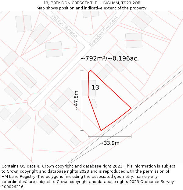 13, BRENDON CRESCENT, BILLINGHAM, TS23 2QR: Plot and title map
