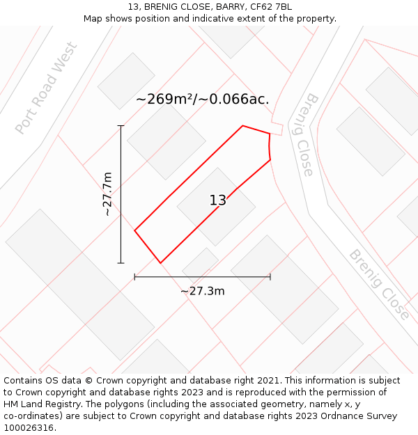 13, BRENIG CLOSE, BARRY, CF62 7BL: Plot and title map