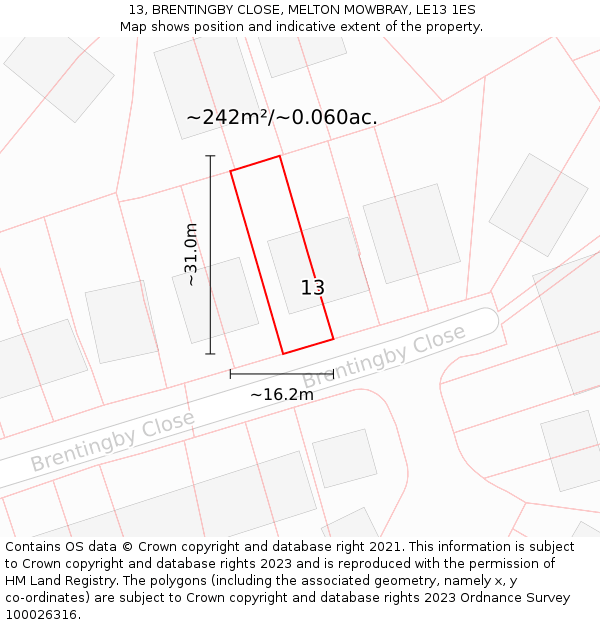 13, BRENTINGBY CLOSE, MELTON MOWBRAY, LE13 1ES: Plot and title map