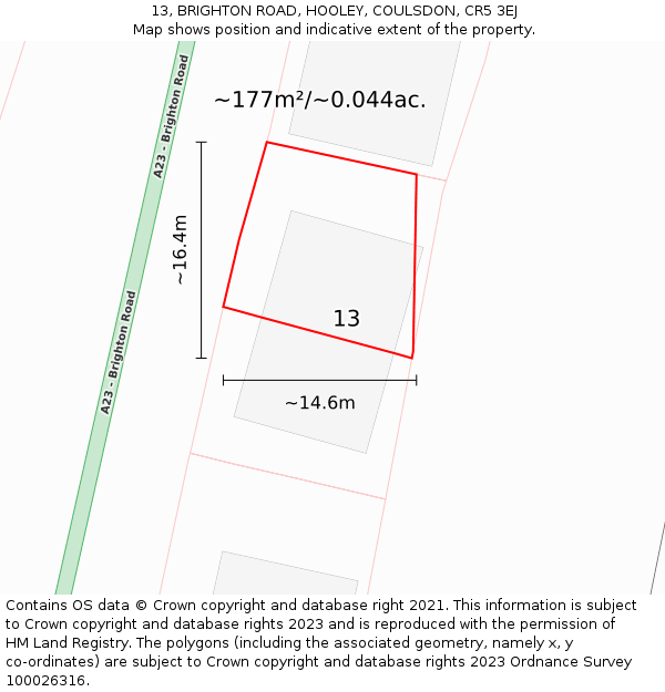 13, BRIGHTON ROAD, HOOLEY, COULSDON, CR5 3EJ: Plot and title map