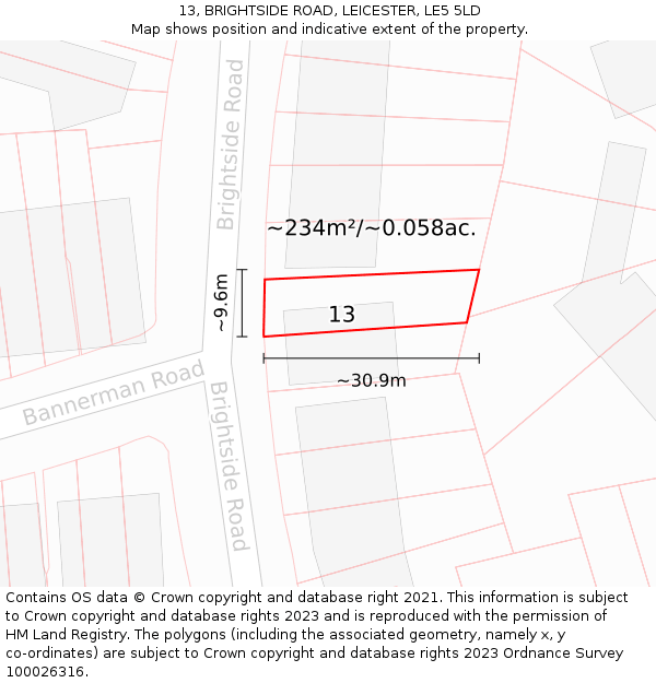 13, BRIGHTSIDE ROAD, LEICESTER, LE5 5LD: Plot and title map