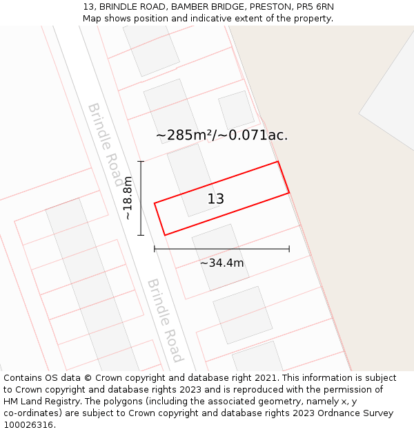13, BRINDLE ROAD, BAMBER BRIDGE, PRESTON, PR5 6RN: Plot and title map