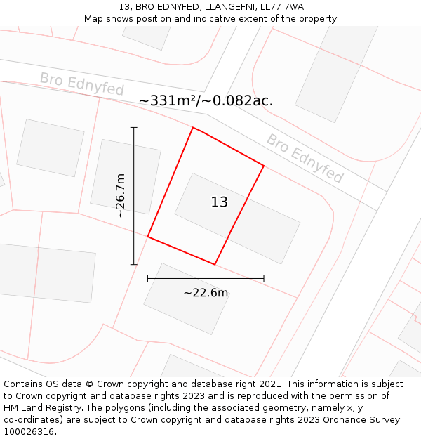 13, BRO EDNYFED, LLANGEFNI, LL77 7WA: Plot and title map
