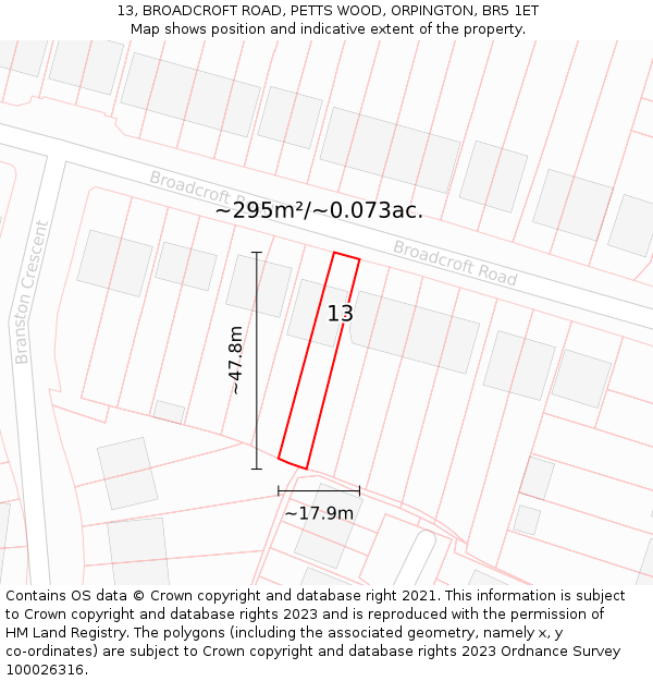 13, BROADCROFT ROAD, PETTS WOOD, ORPINGTON, BR5 1ET: Plot and title map