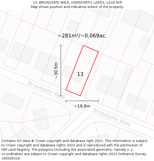 13, BROADGATE WALK, HORSFORTH, LEEDS, LS18 4HF: Plot and title map