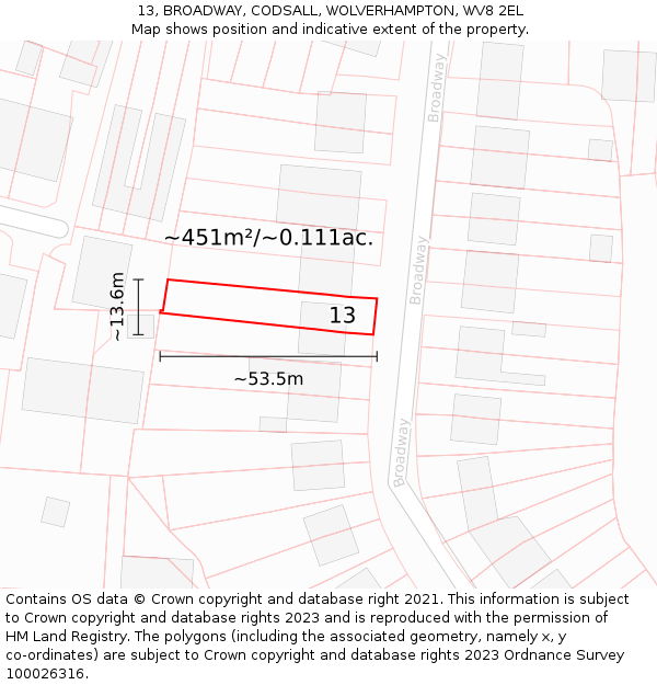 13, BROADWAY, CODSALL, WOLVERHAMPTON, WV8 2EL: Plot and title map