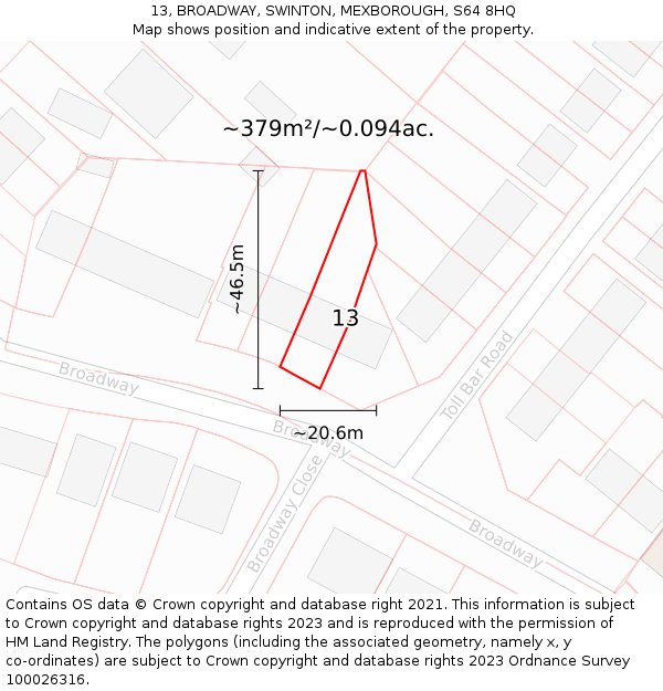 13, BROADWAY, SWINTON, MEXBOROUGH, S64 8HQ: Plot and title map