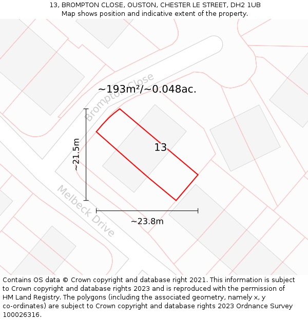 13, BROMPTON CLOSE, OUSTON, CHESTER LE STREET, DH2 1UB: Plot and title map