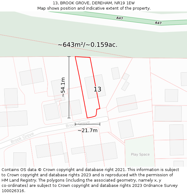 13, BROOK GROVE, DEREHAM, NR19 1EW: Plot and title map