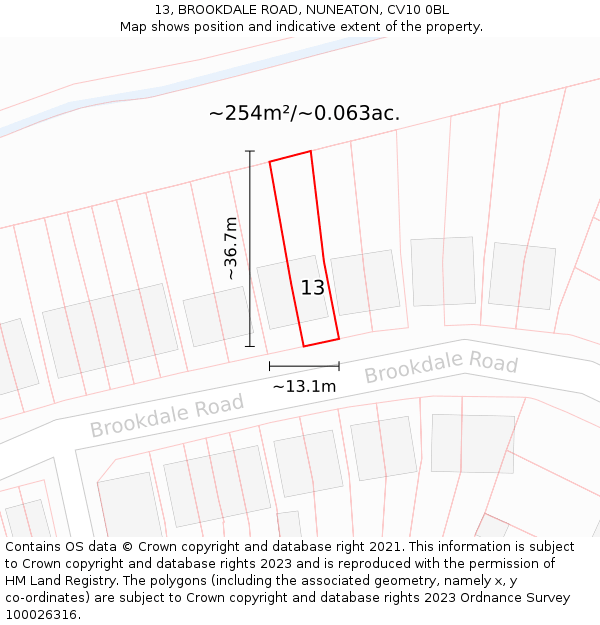 13, BROOKDALE ROAD, NUNEATON, CV10 0BL: Plot and title map