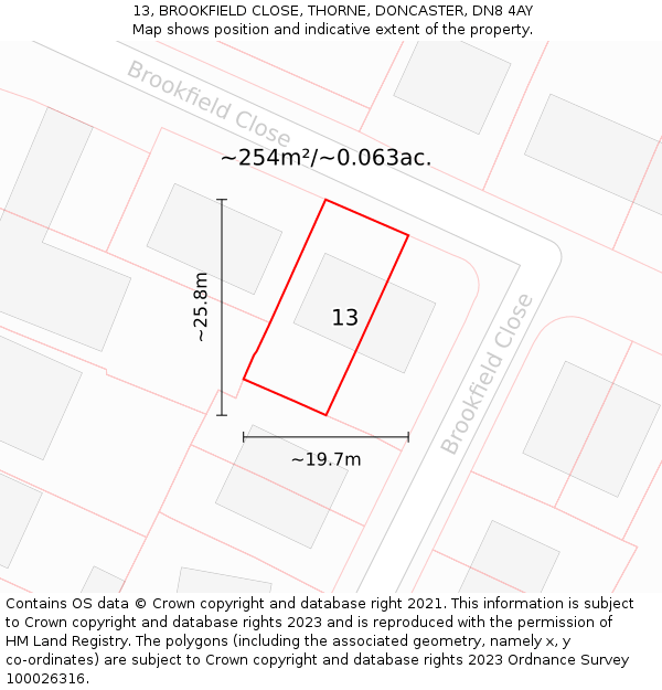 13, BROOKFIELD CLOSE, THORNE, DONCASTER, DN8 4AY: Plot and title map