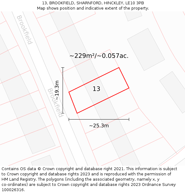13, BROOKFIELD, SHARNFORD, HINCKLEY, LE10 3PB: Plot and title map