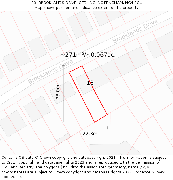13, BROOKLANDS DRIVE, GEDLING, NOTTINGHAM, NG4 3GU: Plot and title map