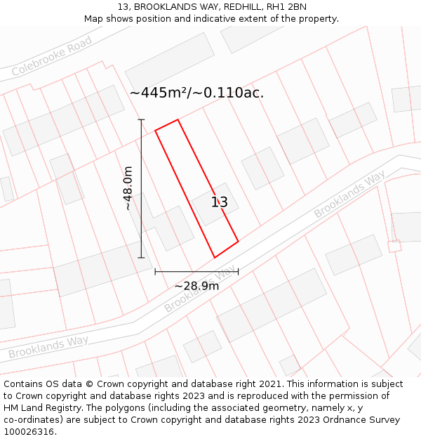 13, BROOKLANDS WAY, REDHILL, RH1 2BN: Plot and title map