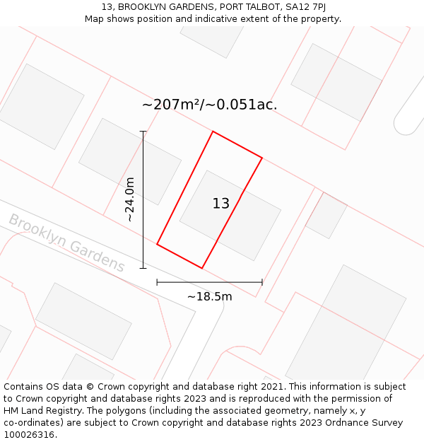 13, BROOKLYN GARDENS, PORT TALBOT, SA12 7PJ: Plot and title map