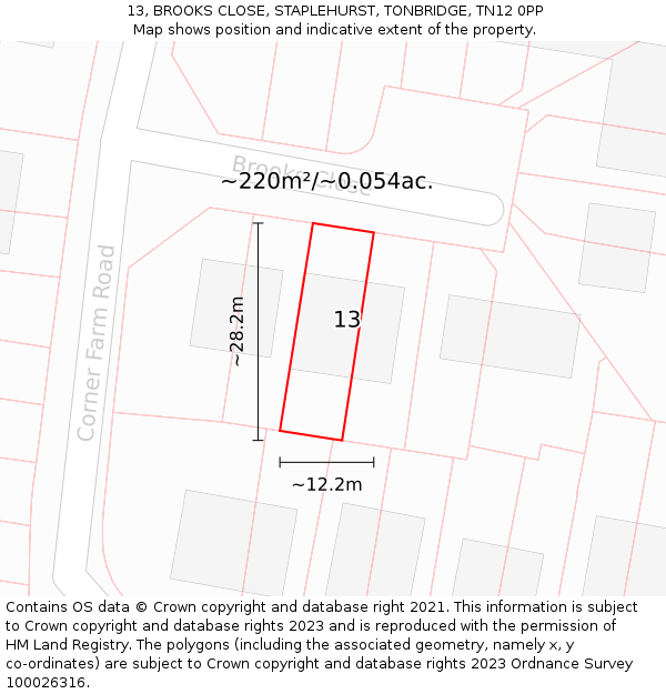 13, BROOKS CLOSE, STAPLEHURST, TONBRIDGE, TN12 0PP: Plot and title map